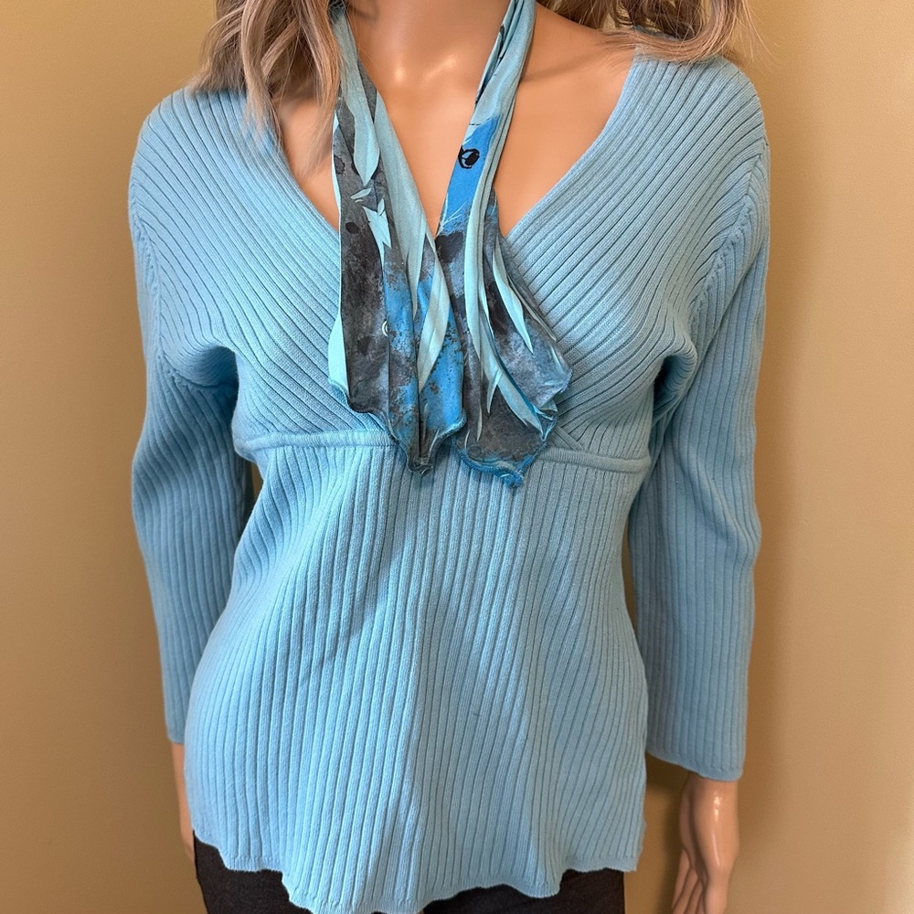 Chadwick's Blue Ribbed V-Neck Surplice Sweater With Scarf Cotton Blend